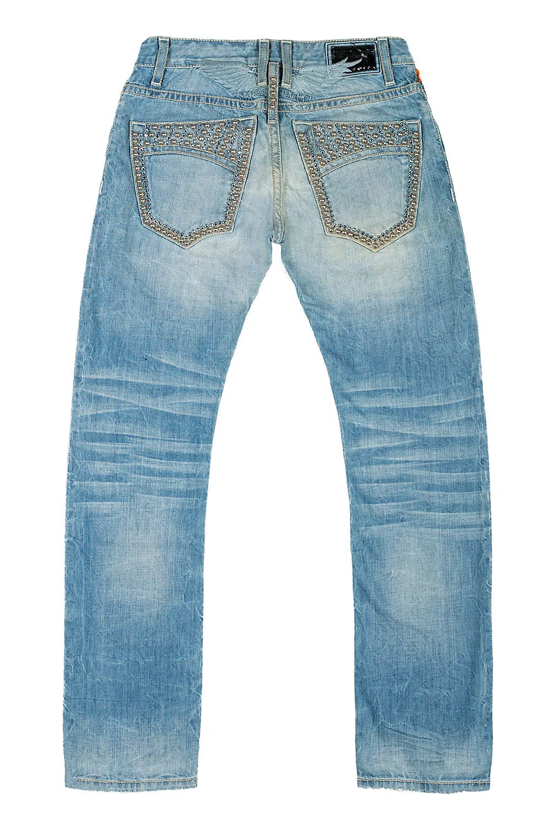 MENS CLASSIC STRAIGHT LEG JEAN BLUE THUNDER MEDIUM WASH WITH CRYSTALS AND NAILHEADS