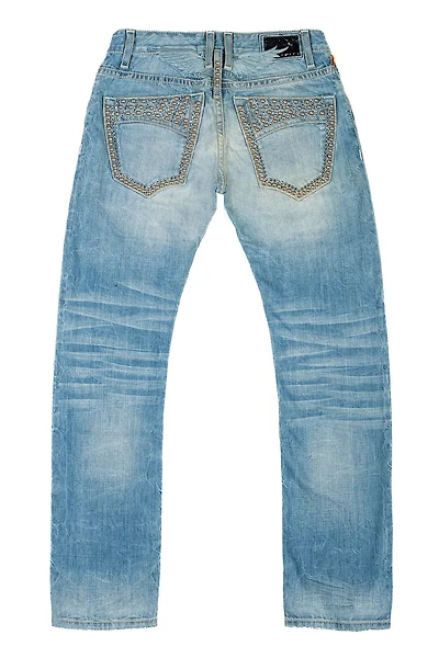 MENS CLASSIC STRAIGHT LEG JEAN BLUE THUNDER MEDIUM WASH WITH CRYSTALS AND NAILHEADS
