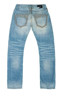 MENS CLASSIC STRAIGHT LEG JEAN BLUE THUNDER MEDIUM WASH WITH CRYSTALS AND NAILHEADS