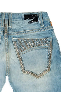MENS CLASSIC STRAIGHT LEG JEAN BLUE THUNDER MEDIUM WASH WITH CRYSTALS AND NAILHEADS