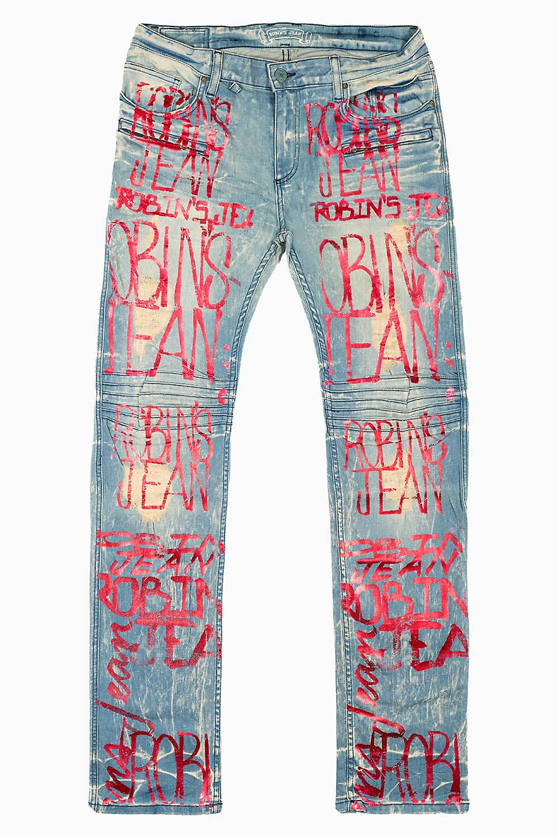 MOTO BIKER MEN'S SLIM STRAIGHT LEG JEANS 4D LIGHT BROKEN REPAIRED WASH WITH GRAFFITI LOGO