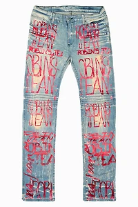 MOTO BIKER MEN'S SLIM STRAIGHT LEG JEANS 4D LIGHT BROKEN REPAIRED WASH WITH GRAFFITI LOGO