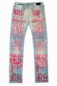 MOTO BIKER MEN'S SLIM STRAIGHT LEG JEANS 4D LIGHT BROKEN REPAIRED WASH WITH GRAFFITI LOGO