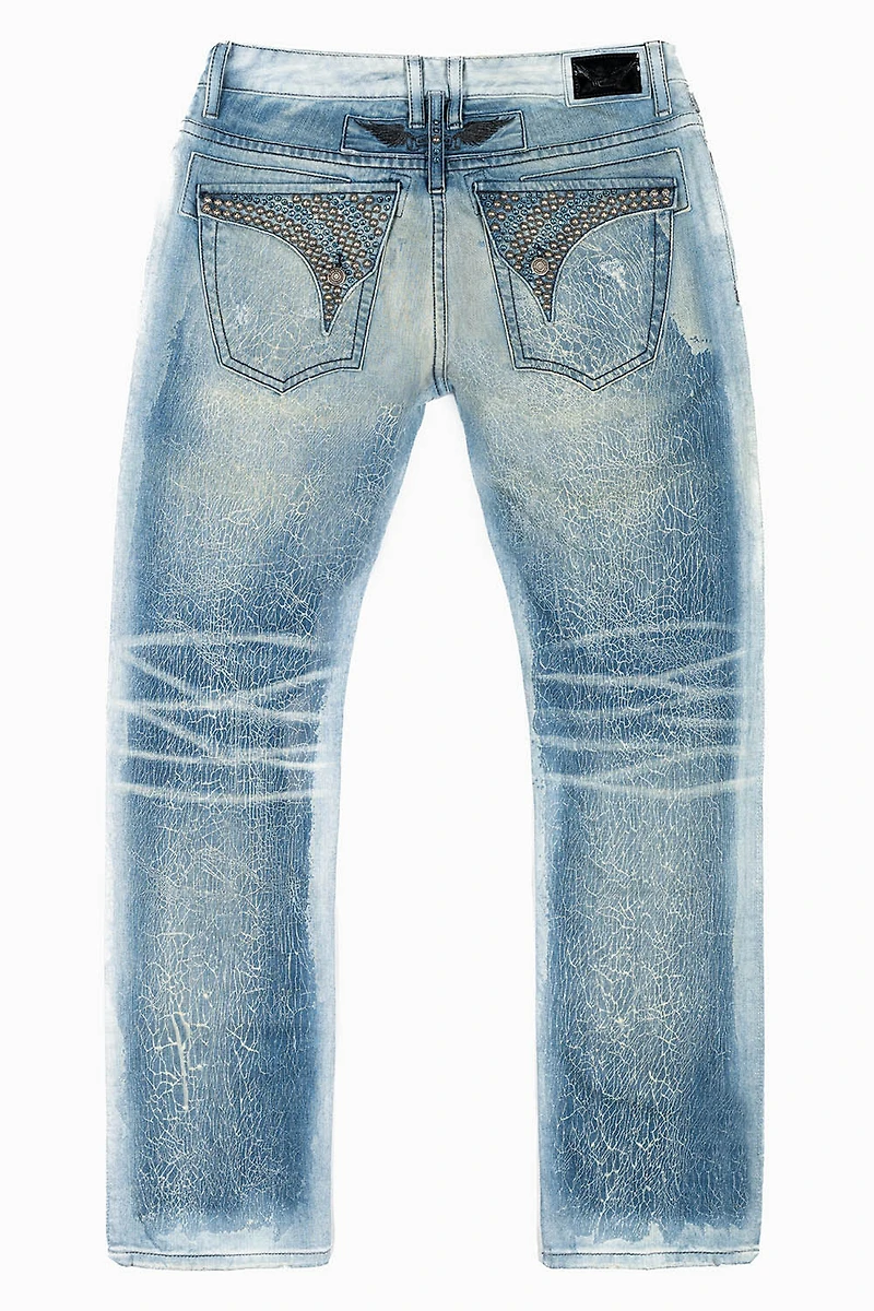 MENS LONG FLAP SLIM JEANS BLUE MARTIN  WASH EMBELLISHED WITH STUDS & CRYSTALS