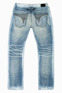 MENS LONG FLAP SLIM JEANS BLUE MARTIN  WASH EMBELLISHED WITH STUDS & CRYSTALS