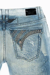 MENS LONG FLAP SLIM JEANS BLUE MARTIN  WASH EMBELLISHED WITH STUDS & CRYSTALS