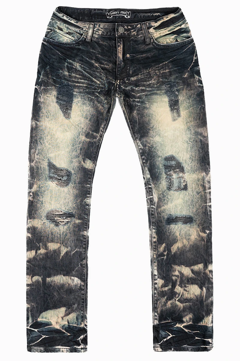 MENS LONG FLAP SLIM JEANS INDIGO NAIL WASH EMBELLISHED WITH STUDS & CRYSTALS