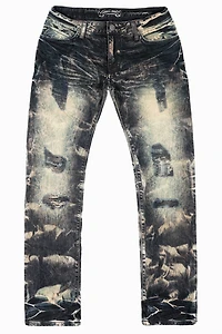 MENS LONG FLAP SLIM JEANS INDIGO NAIL WASH EMBELLISHED WITH STUDS & CRYSTALS