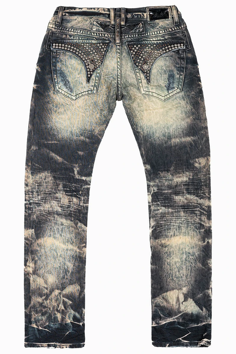 MENS LONG FLAP SLIM JEANS INDIGO NAIL WASH EMBELLISHED WITH STUDS & CRYSTALS