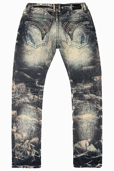 MENS LONG FLAP SLIM JEANS INDIGO NAIL WASH EMBELLISHED WITH STUDS & CRYSTALS