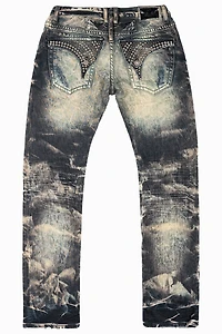 MENS LONG FLAP SLIM JEANS INDIGO NAIL WASH EMBELLISHED WITH STUDS & CRYSTALS