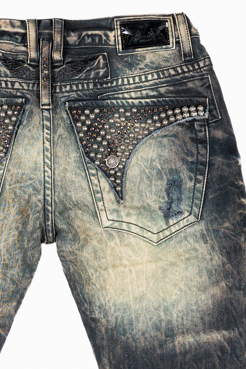 MENS LONG FLAP SLIM JEANS INDIGO NAIL WASH EMBELLISHED WITH STUDS & CRYSTALS