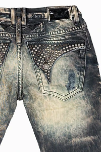 MENS LONG FLAP SLIM JEANS INDIGO NAIL WASH EMBELLISHED WITH STUDS & CRYSTALS