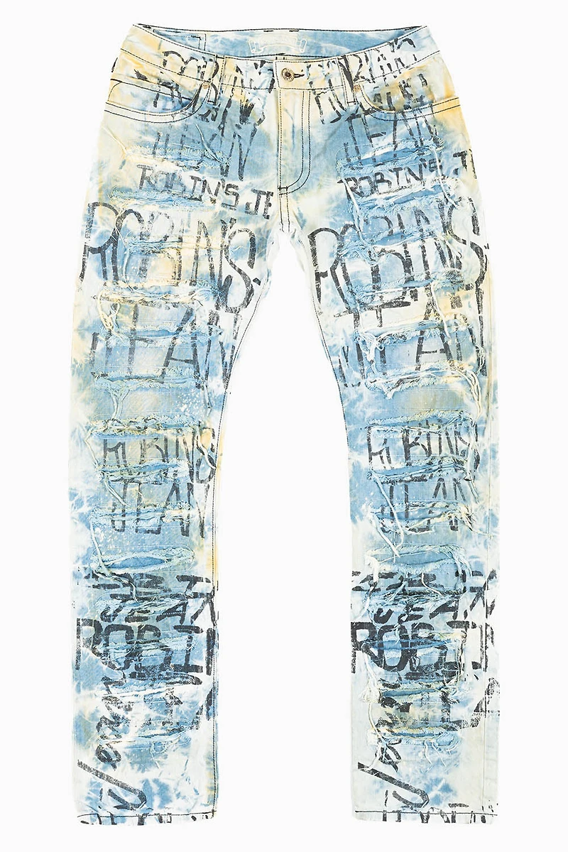 MENS LONG FLAP SLIM RIPPED JEANS MILAN WASH WITH  GRAFFITI LOGO EMBELLISHED STUDS & CRYSTALS