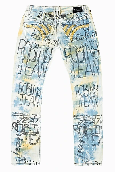 MENS LONG FLAP SLIM RIPPED JEANS MILAN WASH WITH  GRAFFITI LOGO EMBELLISHED STUDS & CRYSTALS