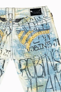 MENS LONG FLAP SLIM RIPPED JEANS MILAN WASH WITH  GRAFFITI LOGO EMBELLISHED STUDS & CRYSTALS