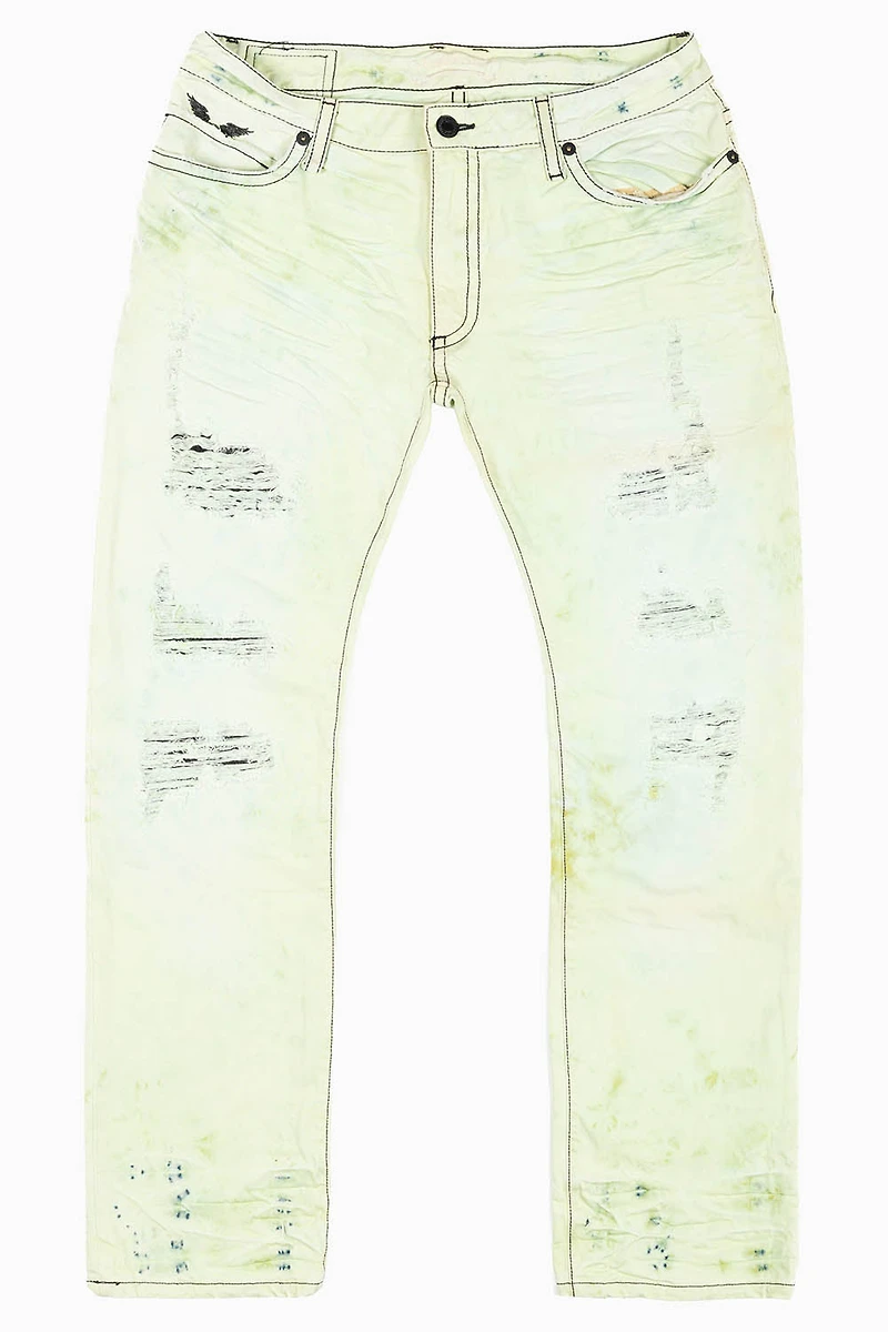 MENS LONG FLAP SLIM JEANS  KEY LIME DESTROY WASH EMBELLISHED WITH STUDS & CRYSTALS