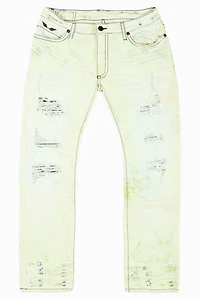 MENS LONG FLAP SLIM JEANS  KEY LIME DESTROY WASH EMBELLISHED WITH STUDS & CRYSTALS