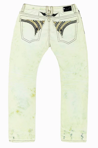 MENS LONG FLAP SLIM JEANS  KEY LIME DESTROY WASH EMBELLISHED WITH STUDS & CRYSTALS