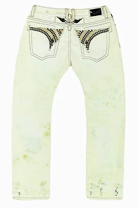 MENS LONG FLAP SLIM JEANS  KEY LIME DESTROY WASH EMBELLISHED WITH STUDS & CRYSTALS