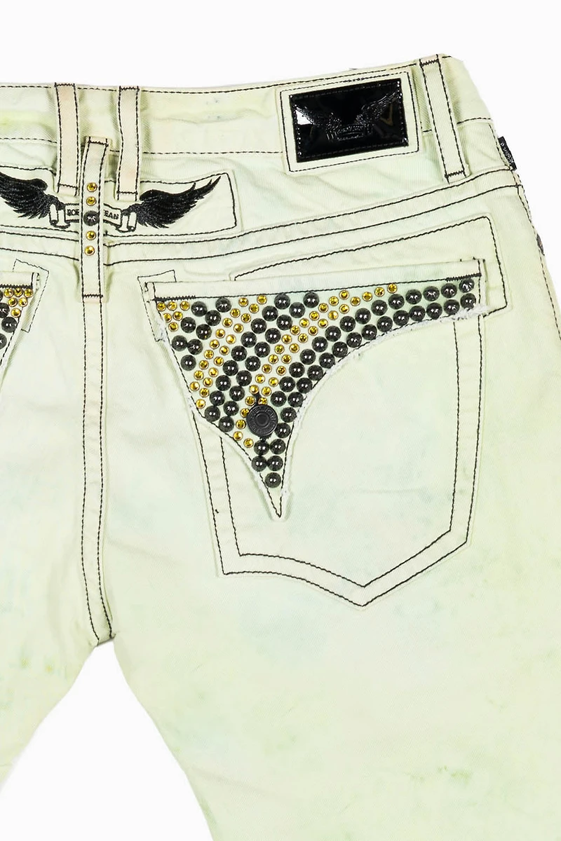 MENS LONG FLAP SLIM JEANS  KEY LIME DESTROY WASH EMBELLISHED WITH STUDS & CRYSTALS