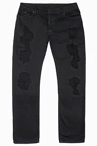 MENS LONG FLAP SLIM JEANS WITH STUDS & CRYSTALS BLACK  BROKEN REPAIRED DNM