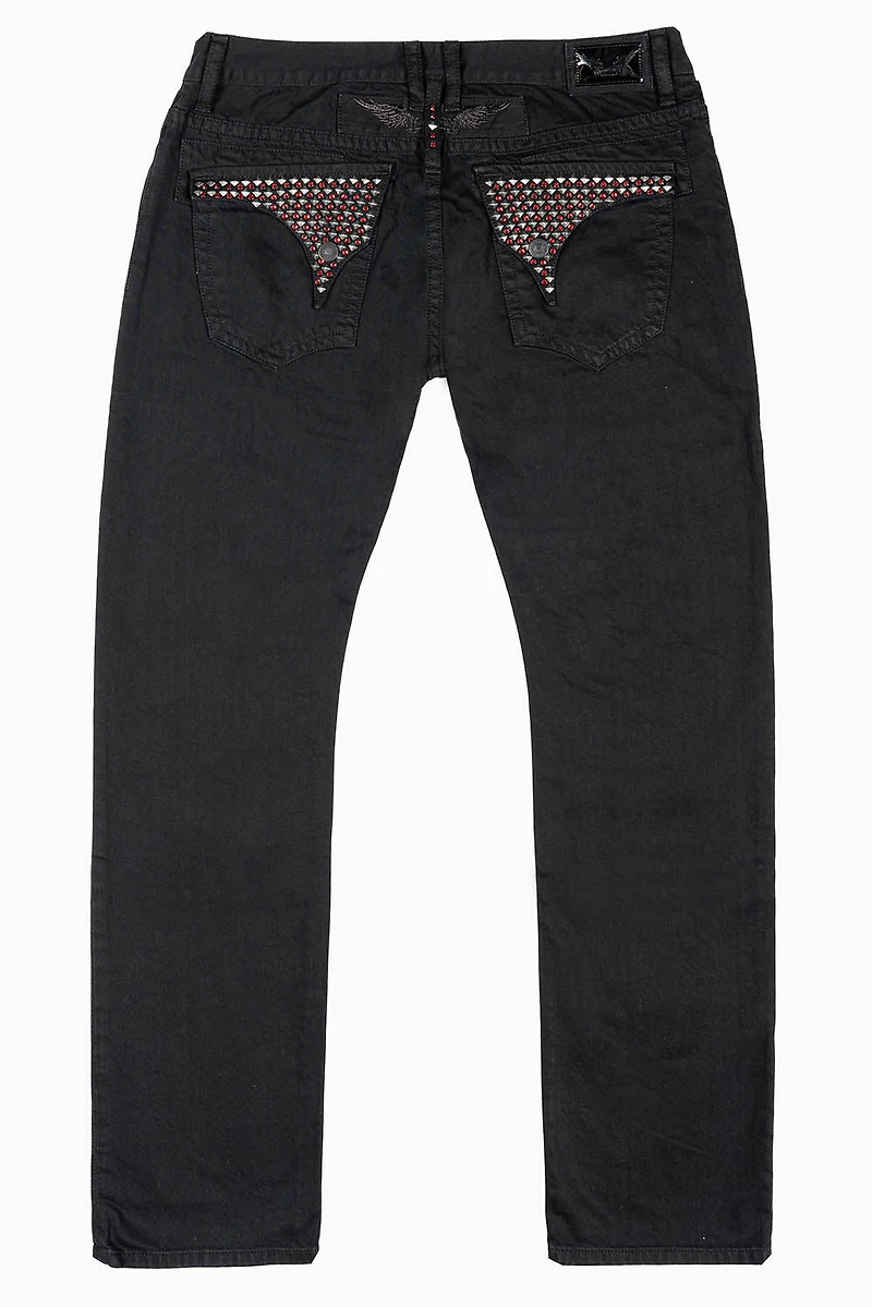 MENS LONG FLAP SLIM JEANS WITH STUDS & CRYSTALS BLACK  BROKEN REPAIRED DNM