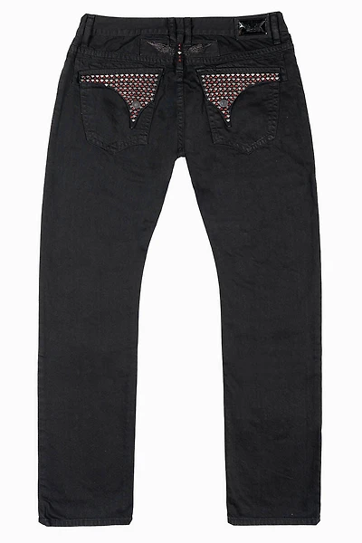 MENS LONG FLAP SLIM JEANS WITH STUDS & CRYSTALS BLACK  BROKEN REPAIRED DNM