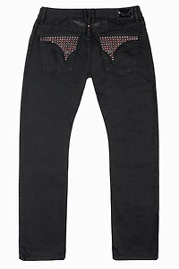 MENS LONG FLAP SLIM JEANS WITH STUDS & CRYSTALS BLACK  BROKEN REPAIRED DNM