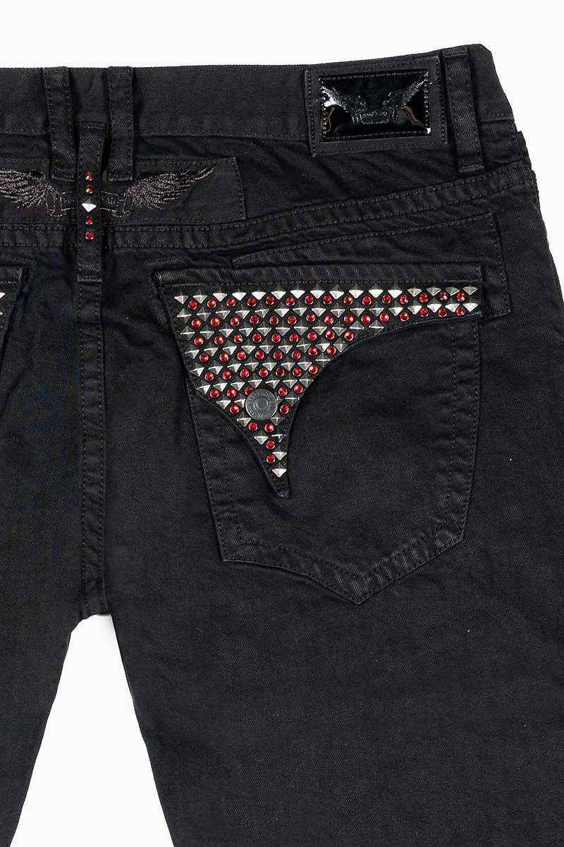 MENS LONG FLAP SLIM JEANS WITH STUDS & CRYSTALS BLACK  BROKEN REPAIRED DNM