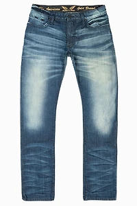 MENS LONG FLAP SLIM JEANS WITH STUDS & CRYSTALS BLUE ALBANY DARK WASH