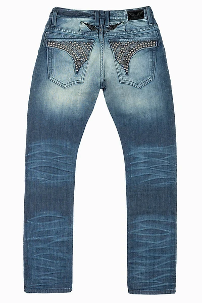 MENS LONG FLAP SLIM JEANS WITH STUDS & CRYSTALS BLUE ALBANY DARK WASH