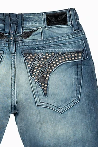 MENS LONG FLAP SLIM JEANS WITH STUDS & CRYSTALS BLUE ALBANY DARK WASH