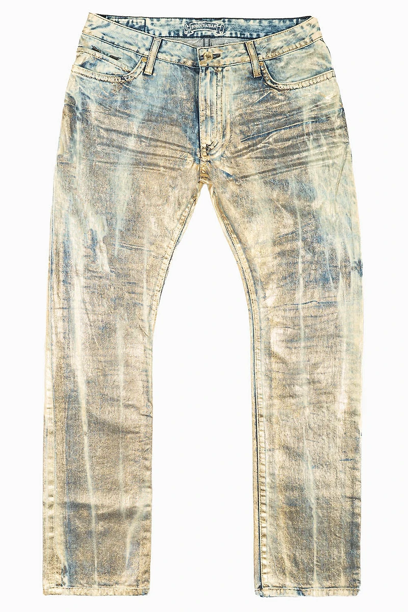MENS LONG FLAP SLIM JEANS WITH GOLD STUDS & CRYSTALS GOOD TIMES WASH