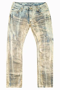 MENS LONG FLAP SLIM JEANS WITH GOLD STUDS & CRYSTALS GOOD TIMES WASH