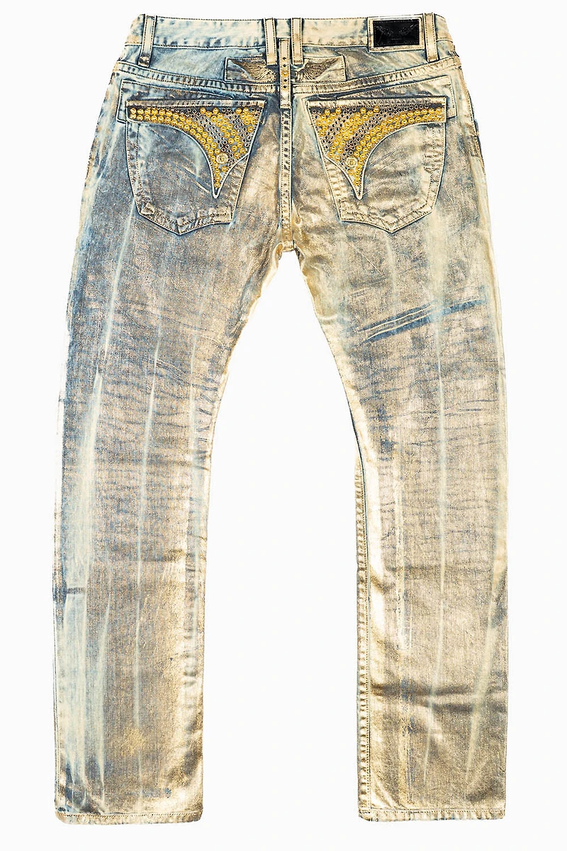 MENS LONG FLAP SLIM JEANS WITH GOLD STUDS & CRYSTALS GOOD TIMES WASH