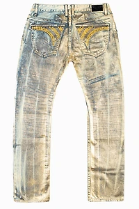 MENS LONG FLAP SLIM JEANS WITH GOLD STUDS & CRYSTALS GOOD TIMES WASH