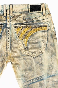 MENS LONG FLAP SLIM JEANS WITH GOLD STUDS & CRYSTALS GOOD TIMES WASH