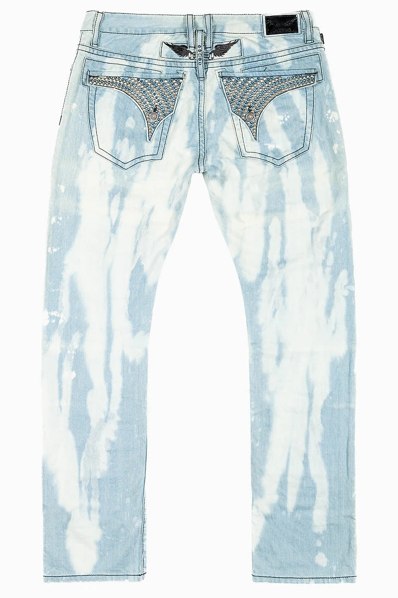MENS LONG FLAP SLIM RIPPED JEANS FLORENCE WASH EMBELLISHED WITH STUDS & CRYSTALS