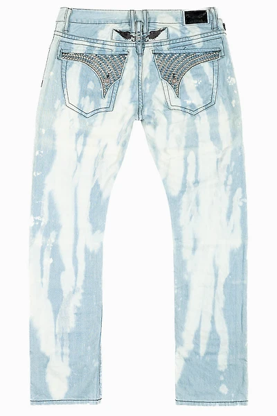 MENS LONG FLAP SLIM RIPPED JEANS FLORENCE WASH EMBELLISHED WITH STUDS & CRYSTALS