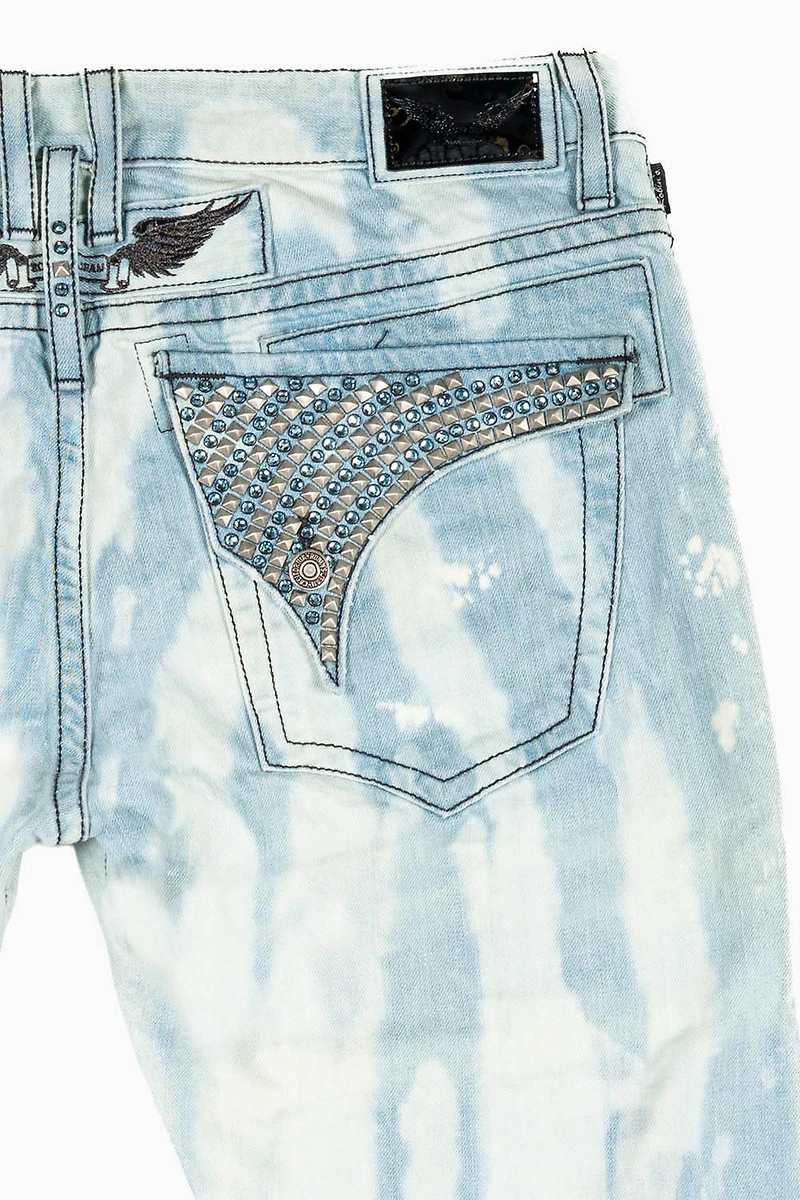 MENS LONG FLAP SLIM RIPPED JEANS FLORENCE WASH EMBELLISHED WITH STUDS & CRYSTALS