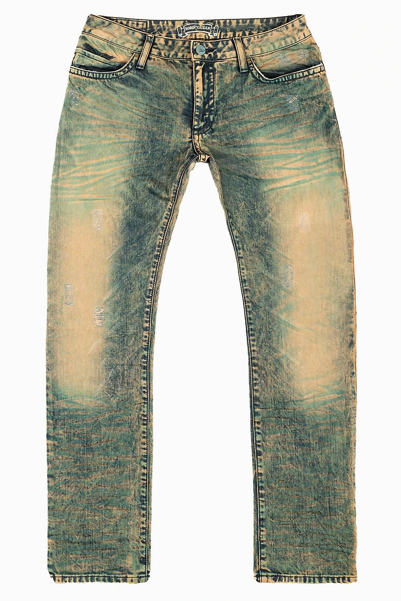 MENS LONG FLAP SLIM JEANS K WASH TURQUOISE EMBELLISHED WITH  STUDS & CRYSTALS