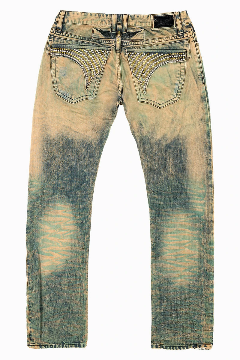 MENS LONG FLAP SLIM JEANS K WASH TURQUOISE EMBELLISHED WITH  STUDS & CRYSTALS