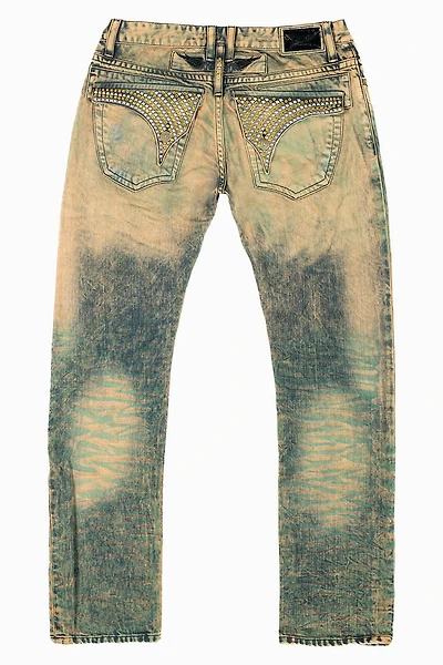 MENS LONG FLAP SLIM JEANS K WASH TURQUOISE EMBELLISHED WITH  STUDS & CRYSTALS