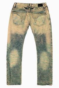 MENS LONG FLAP SLIM JEANS K WASH TURQUOISE EMBELLISHED WITH  STUDS & CRYSTALS