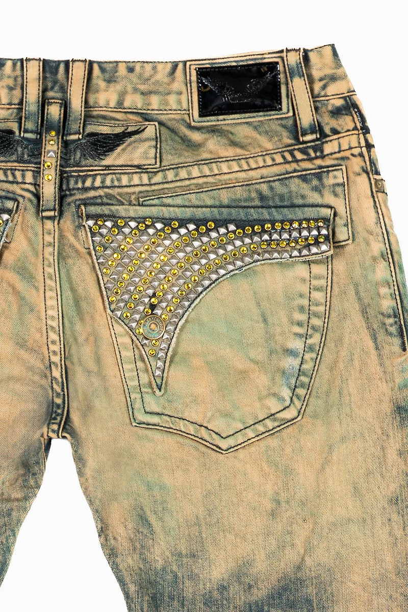 MENS LONG FLAP SLIM JEANS K WASH TURQUOISE EMBELLISHED WITH  STUDS & CRYSTALS