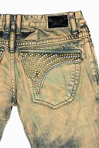 MENS LONG FLAP SLIM JEANS K WASH TURQUOISE EMBELLISHED WITH  STUDS & CRYSTALS