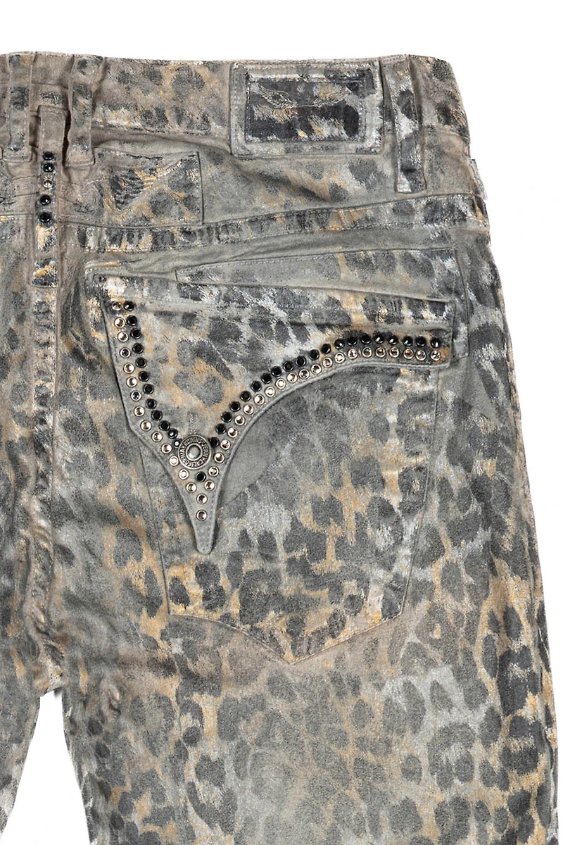 MENS CLASSIC STRAIGHT LEG LONG FLAP JEANS SAFARI GRAY WITH CRYSTALS