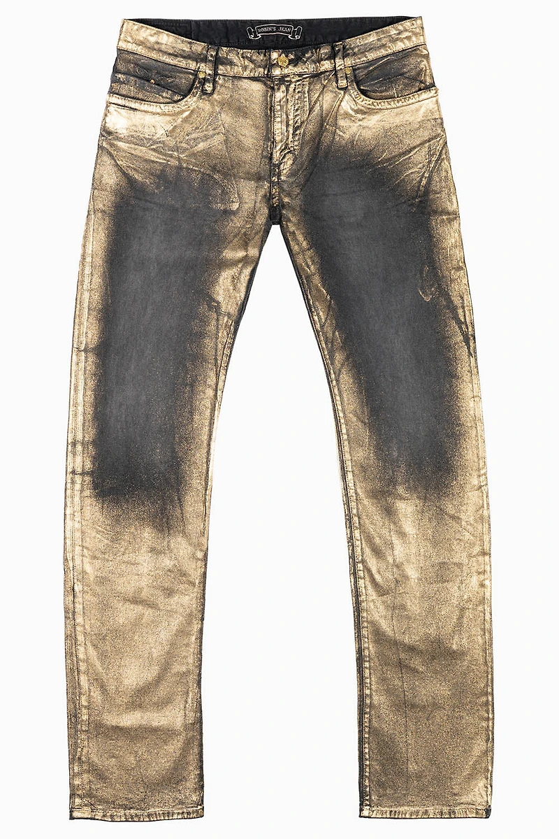 MENS CLASSIC STRAIGHT LEG LONG FLAP JEANS BLK LISA GOLD FOIL WITH CRYSTALS