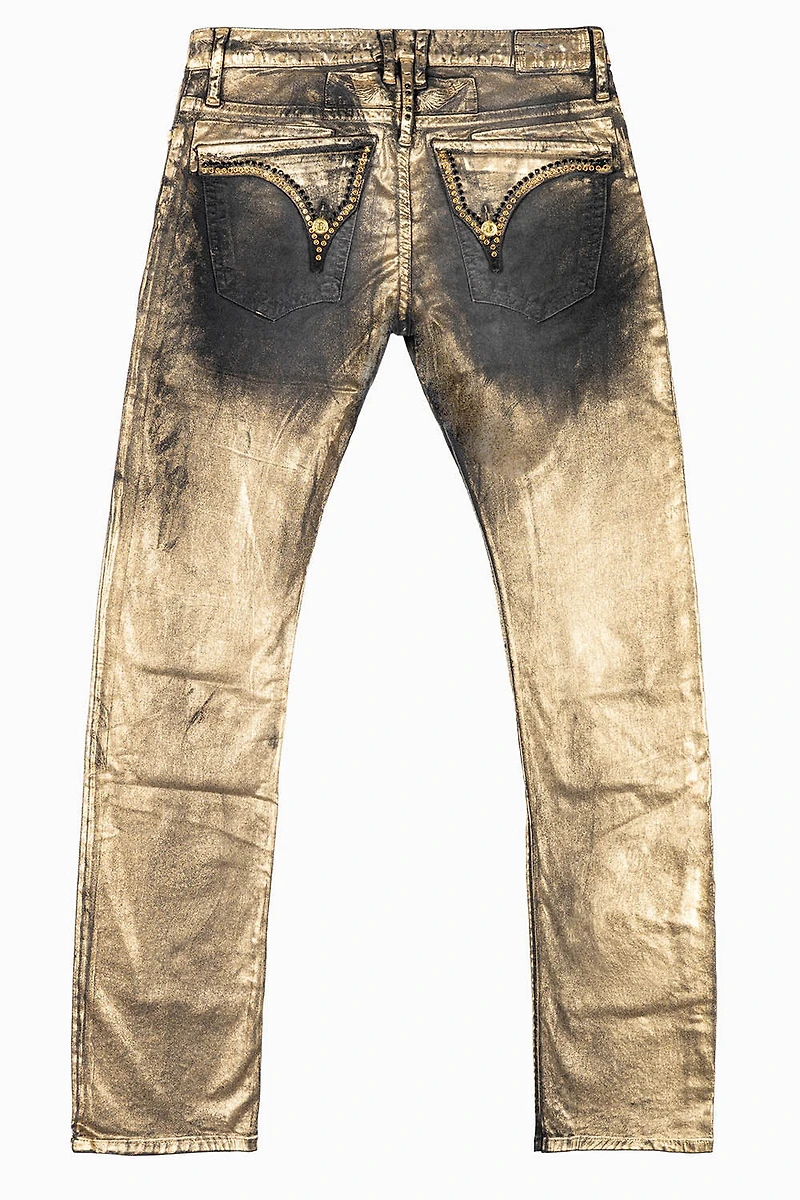 MENS CLASSIC STRAIGHT LEG LONG FLAP JEANS BLK LISA GOLD FOIL WITH CRYSTALS